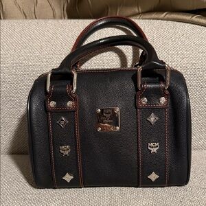MCM Black Mini Leather Boston Bag with Silver Accents and Red stitching